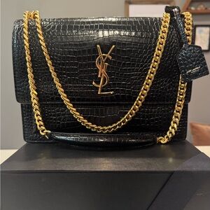 Saint Laurent Sunset Large in black croc-embossed shiny leather w/ gold hardware